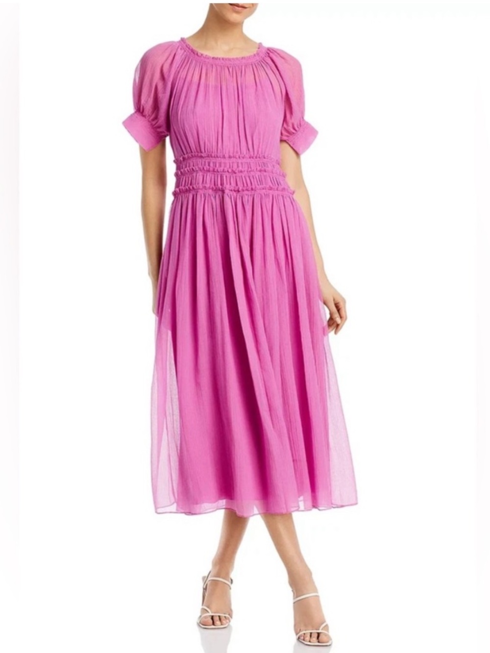 Rebecca Taylor Bubblegum Pink Midi Dress with Smocked Waist